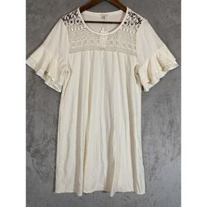 Spense Dress Womens XL‎ Whitesand Crochet Lace Yoke Ruffle Sleeve Swiss Dot New